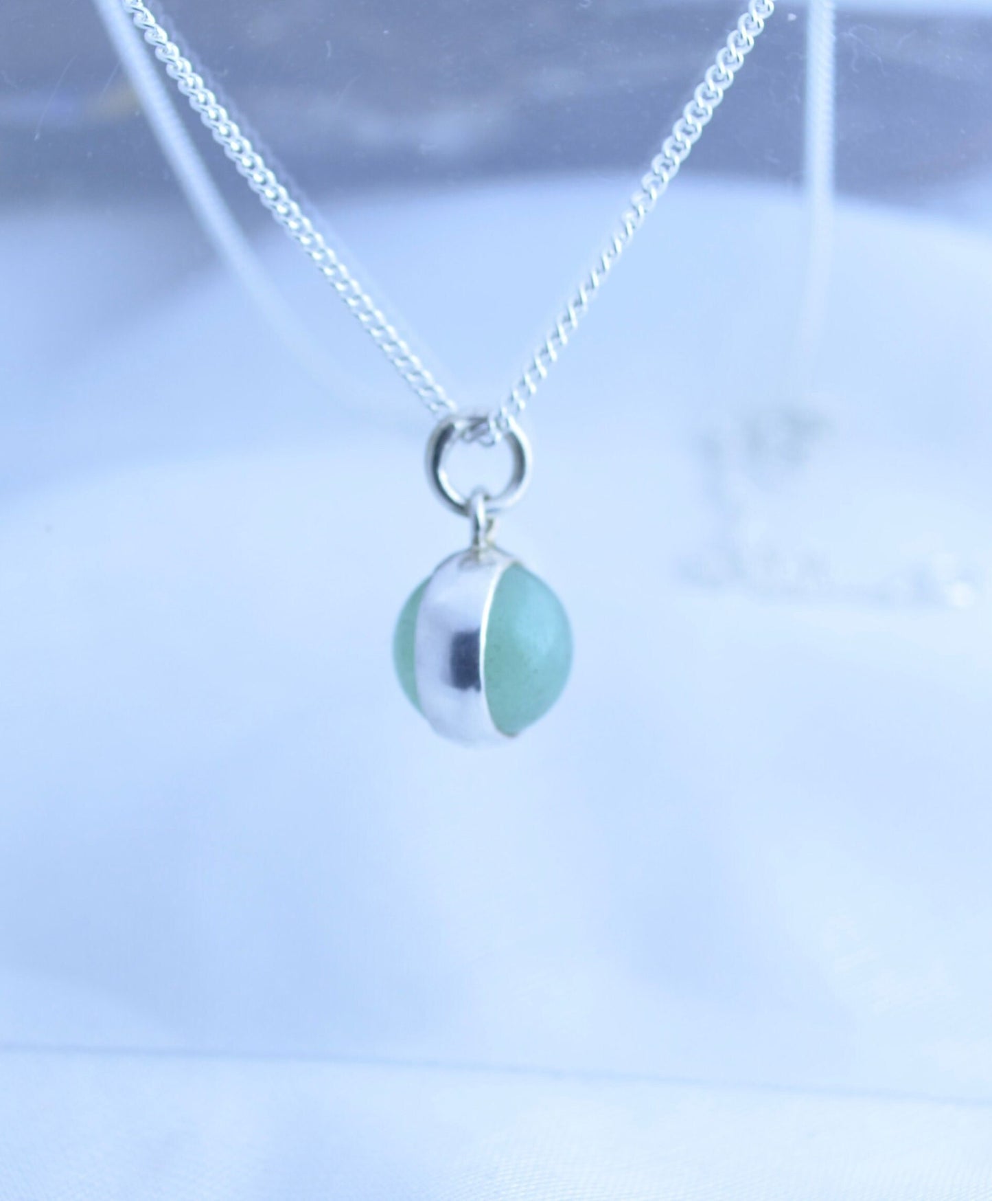 silver necklace, green aventurine pendant, natural round shape gemstone, 18” chain