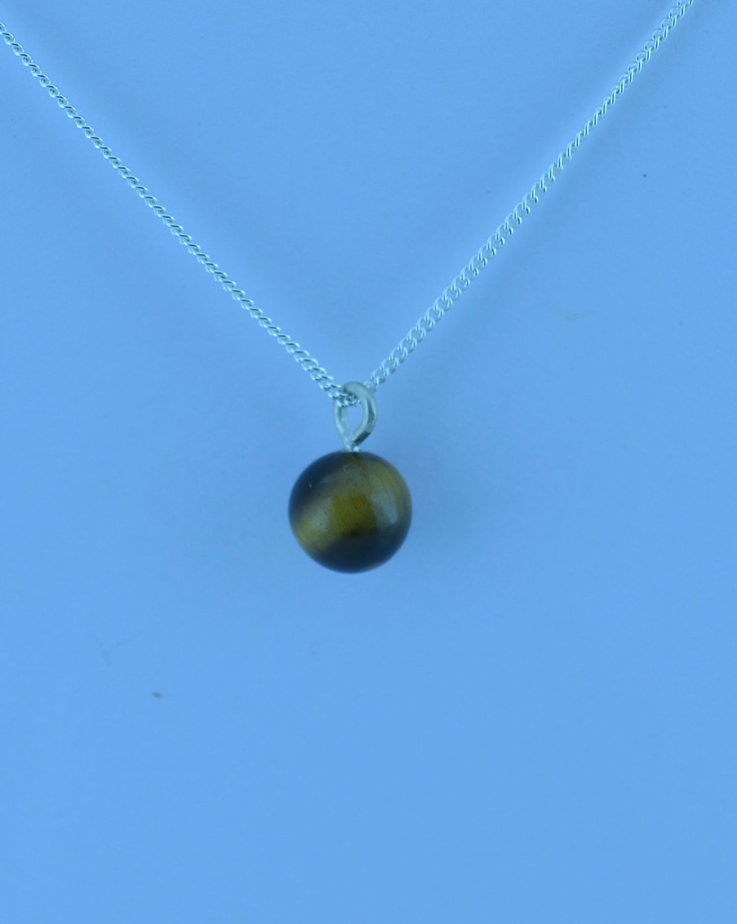 silver tiger’s eye necklace, round natural brown gemstone pendant, 18” chain