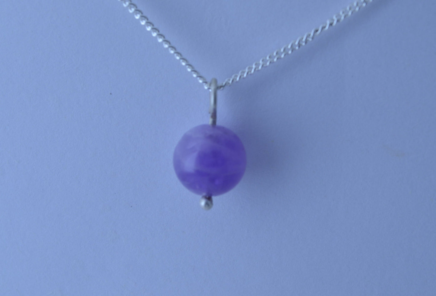 amethyst silver necklace, round purple natural gemstone pendant, 18” chain