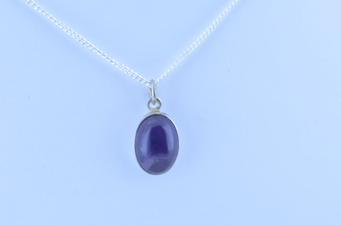 amethyst silver necklace, oval purple natural gemstone pendant, 18” chain