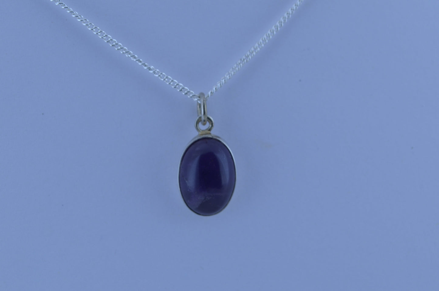 amethyst silver necklace, oval purple natural gemstone pendant, 18” chain