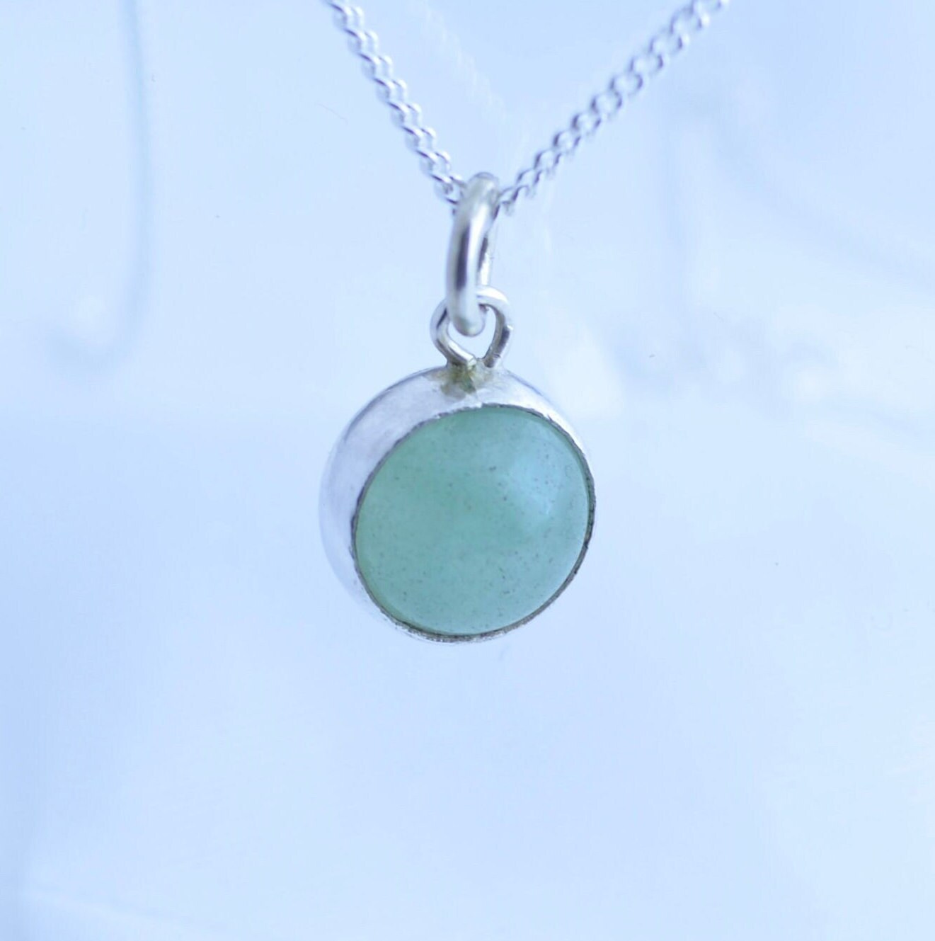 silver necklace, green aventurine pendant, natural round shape gemstone, 18” chain