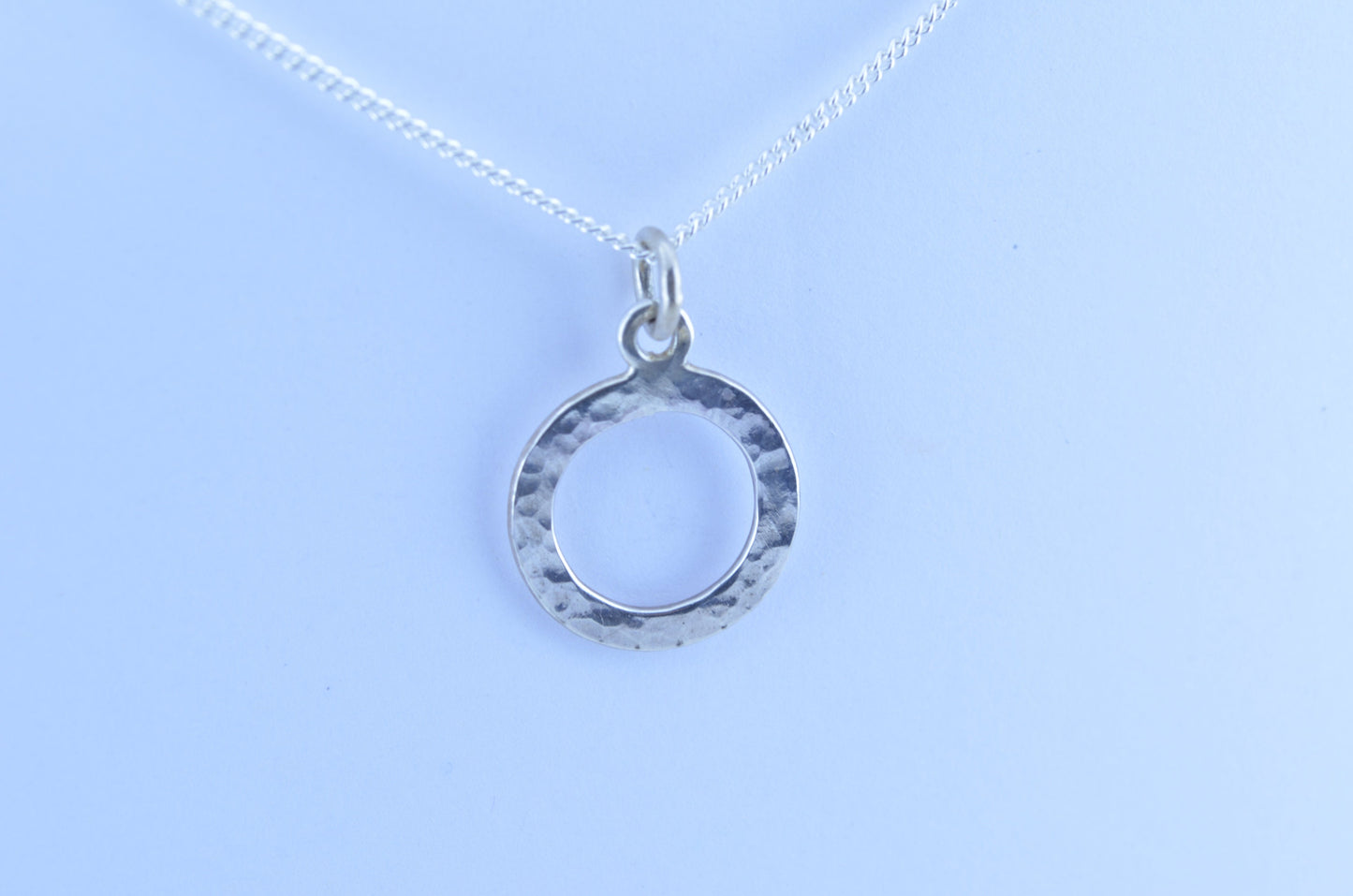 silver necklace, round pendant, 18” chain