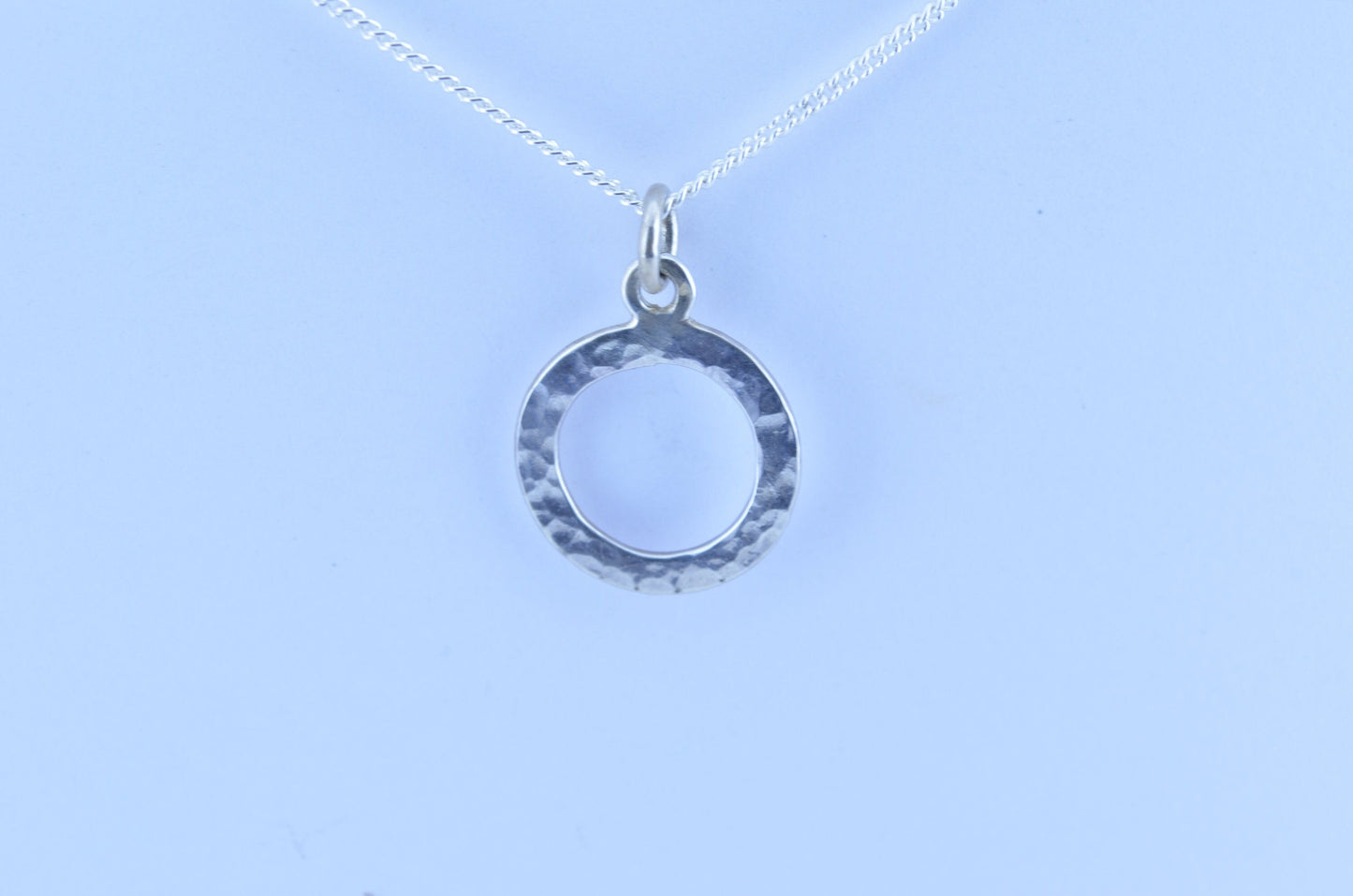 silver necklace, round pendant, 18” chain