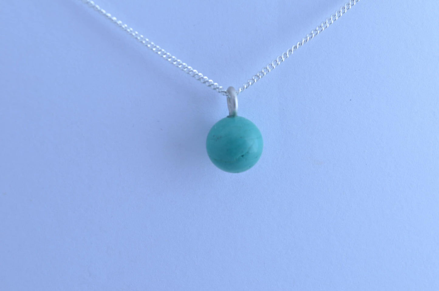 Silver turquoise charm necklace, round blue pendant, 18” chain