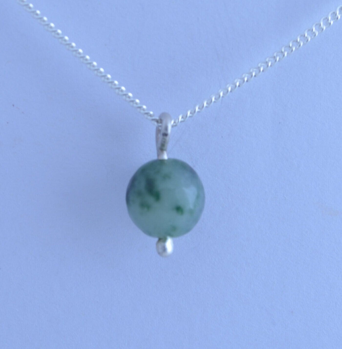 silver jade charm necklace, round spotted green pendant, natural gemstone, 18”chain