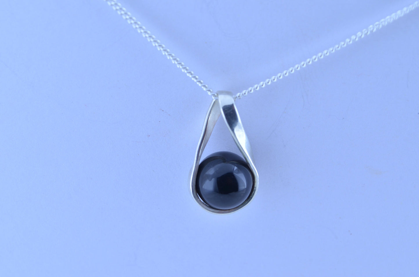 black onyx pendant bell shape natural gemstone, solid sterling silver chain necklace