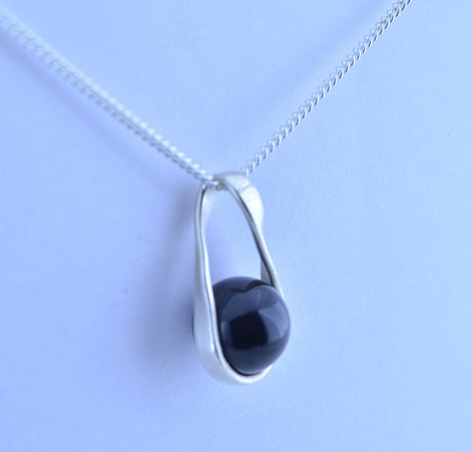 black onyx pendant bell shape natural gemstone, solid sterling silver chain necklace