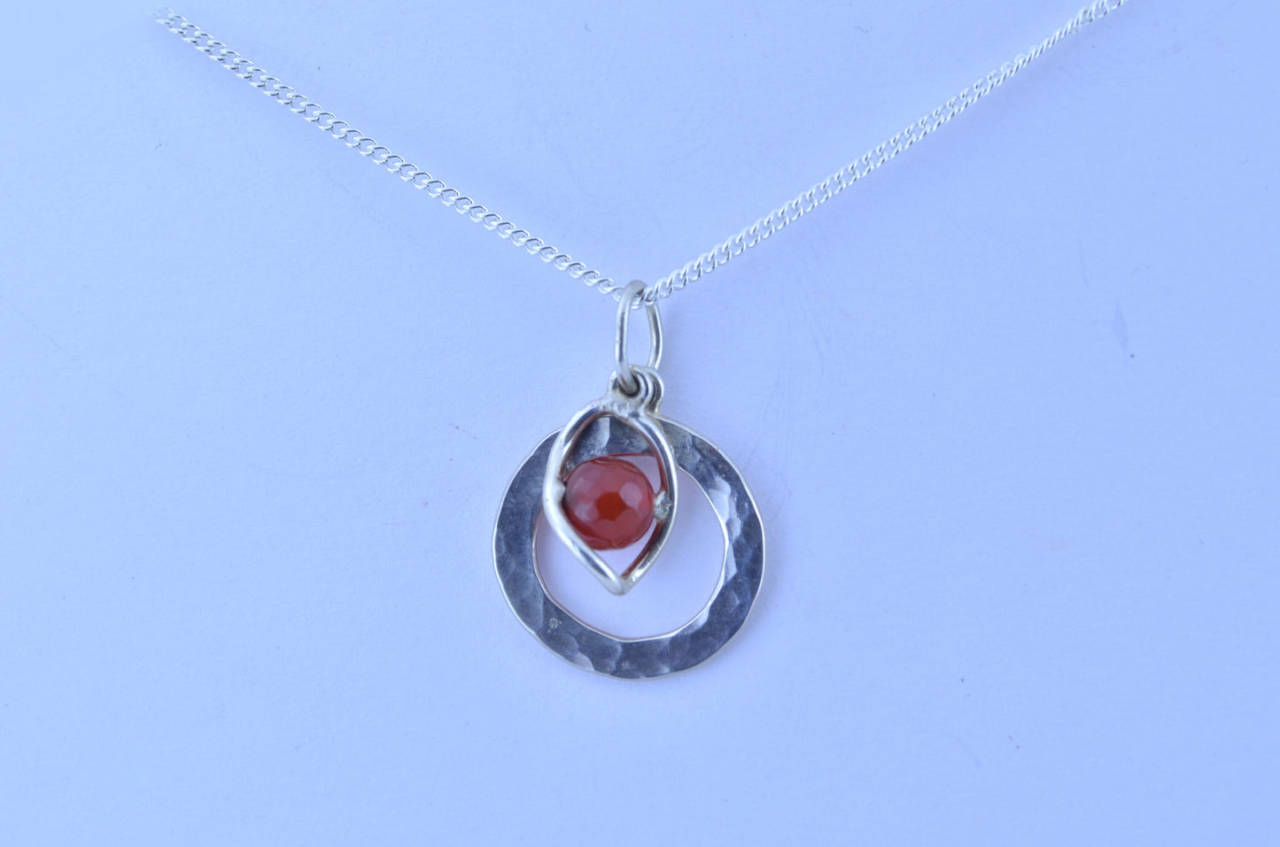 sterling silver necklace, bell shape natural red carnelian gemstone pendant, 18” chain