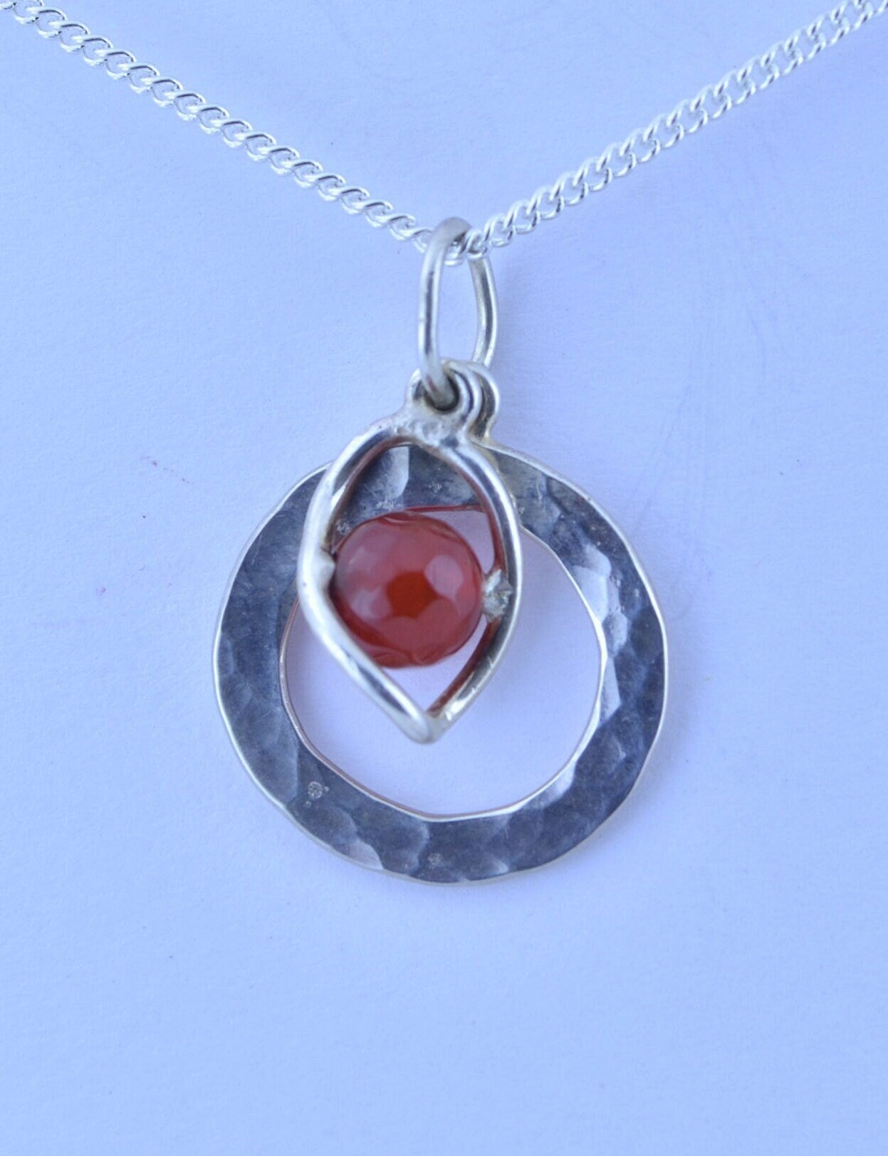 sterling silver necklace, bell shape natural red carnelian gemstone pendant, 18” chain