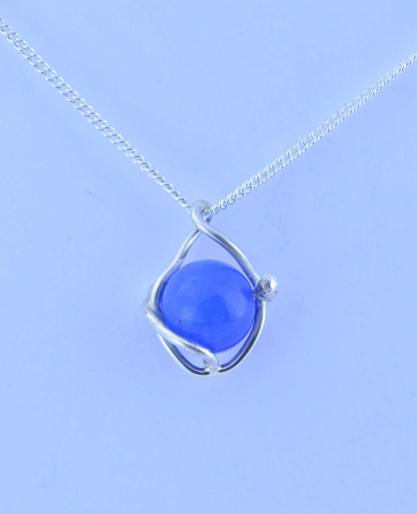 blue agate pendant and solid sterling silver chain necklace, bell shape natural gemstone