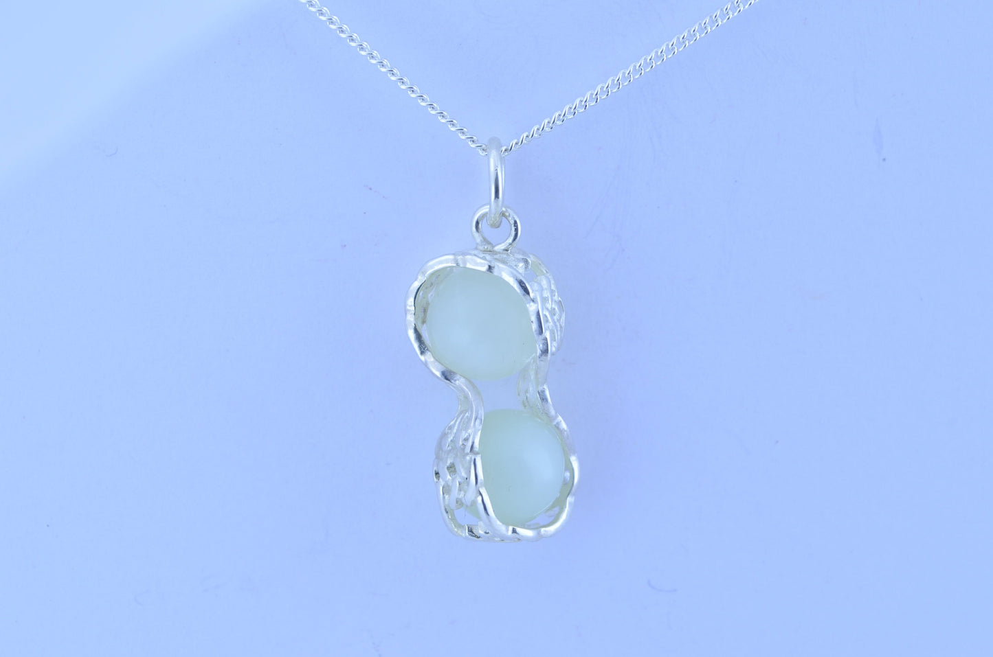 silver jade long pendant, round shape green beads necklace, natural gemstones, 18” chain