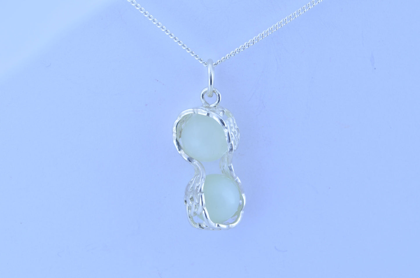 silver jade long pendant, round shape green beads necklace, natural gemstones, 18” chain