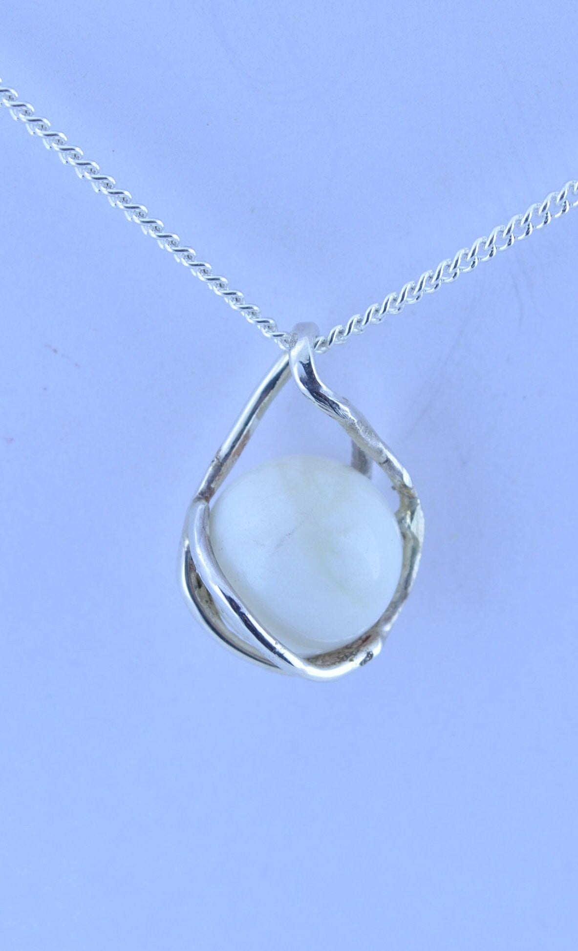 silver white moonstone necklace, round shape natural stone pendant, 18” chain