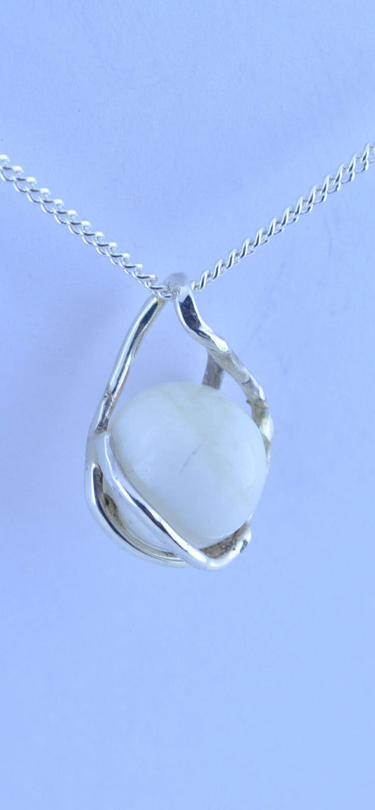 silver white moonstone necklace, round shape natural stone pendant, 18” chain