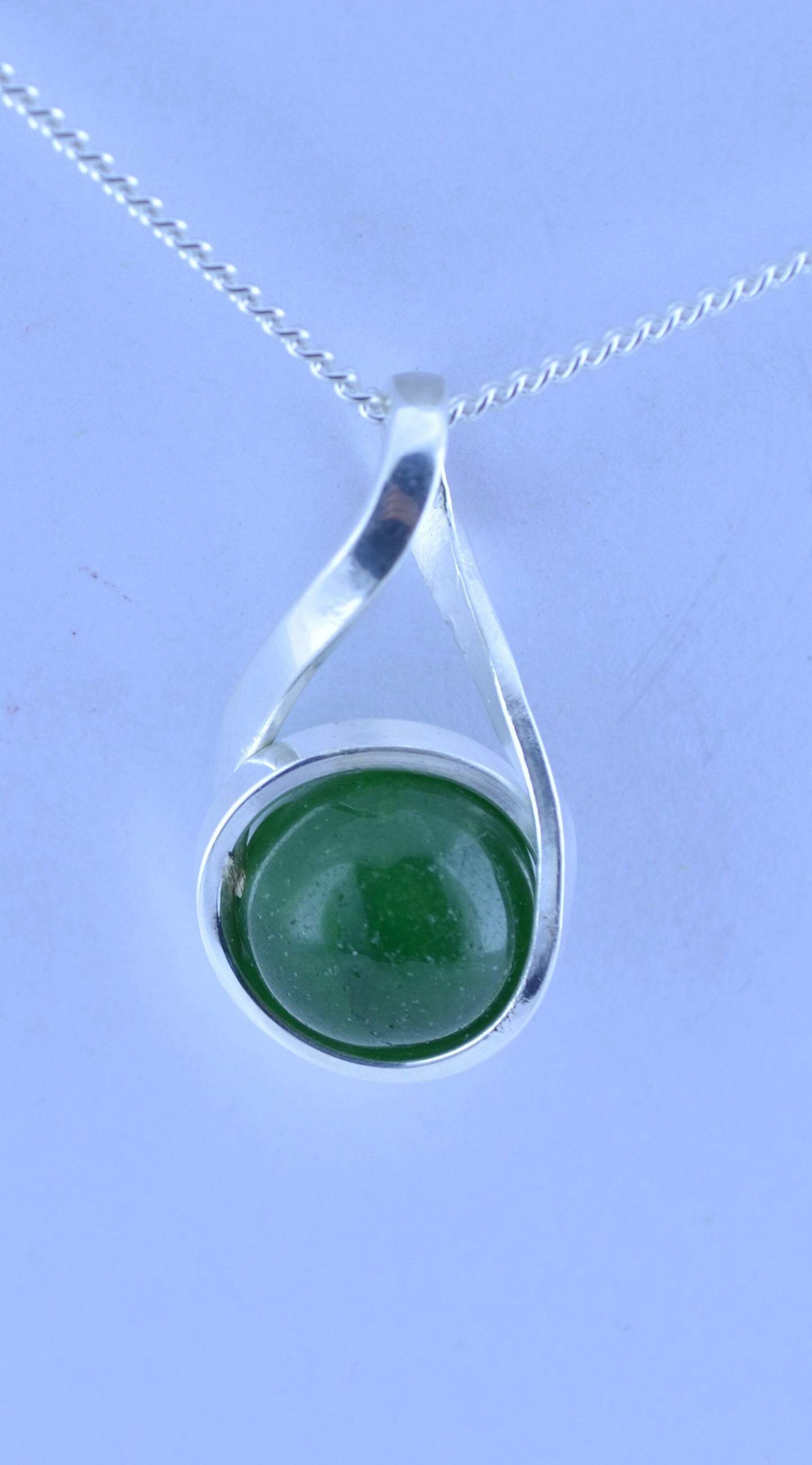 silver jade necklace, bell shape green natural gemstone pendant, 18” chain