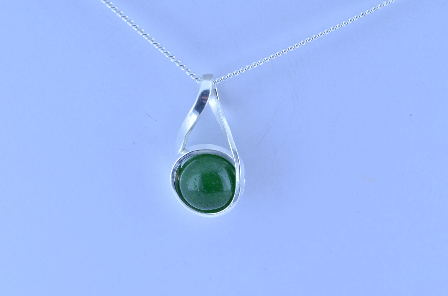 silver jade necklace, bell shape green natural gemstone pendant, 18” chain