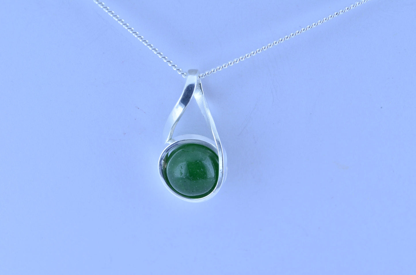 silver jade necklace, bell shape green natural gemstone pendant, 18” chain
