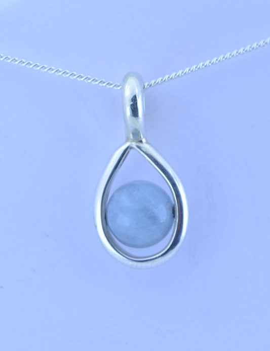 Silver aquamarine necklace, round stone pendant, natural bell shape gemstone, 18” chain