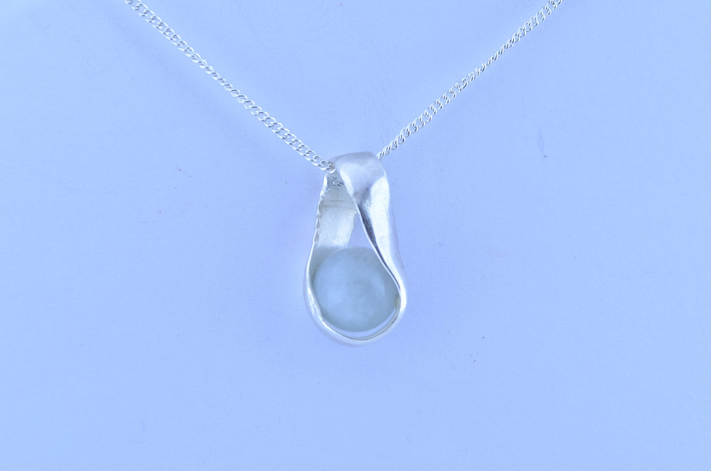 aquamarine silver necklace, round stone pendant, natural bell shape gemstone, 18” chain