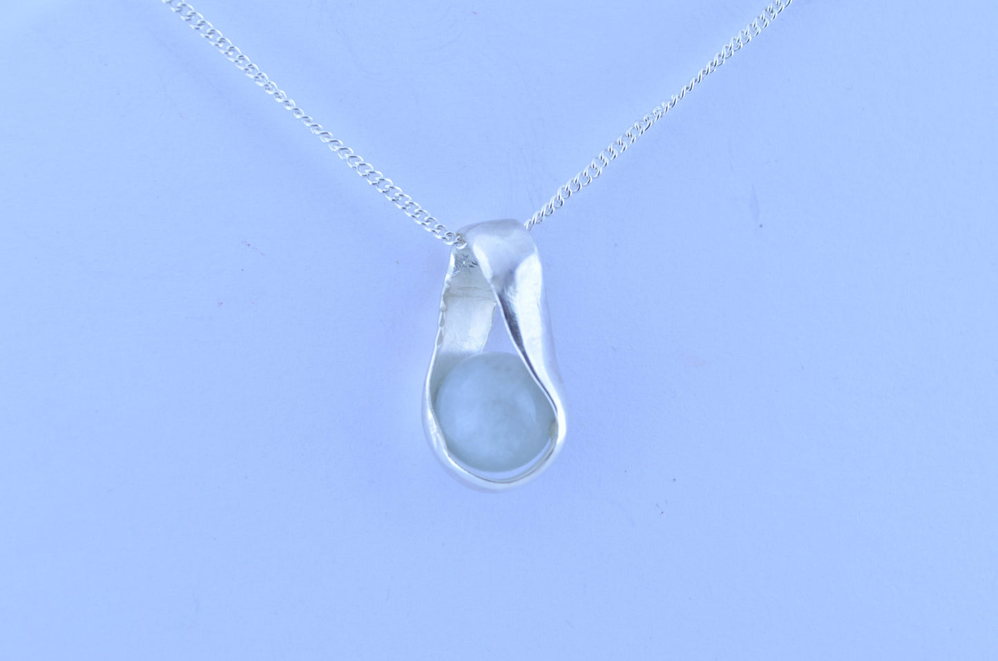 aquamarine silver necklace, round stone pendant, natural bell shape gemstone, 18” chain