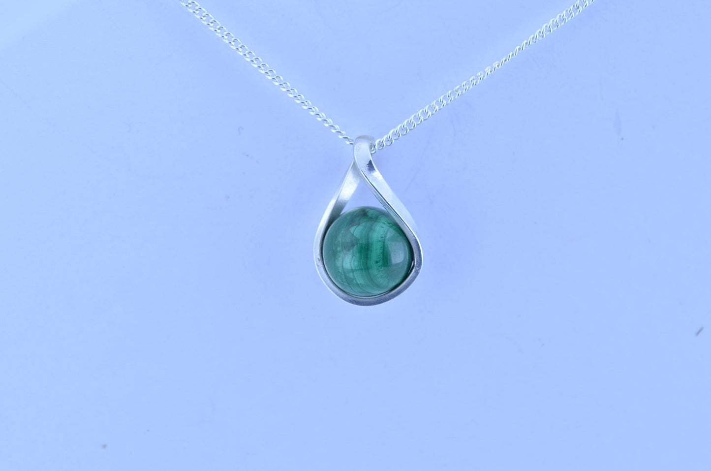 silver malachite pendant and solid sterling silver chain necklace, bell shape green natural gemstone