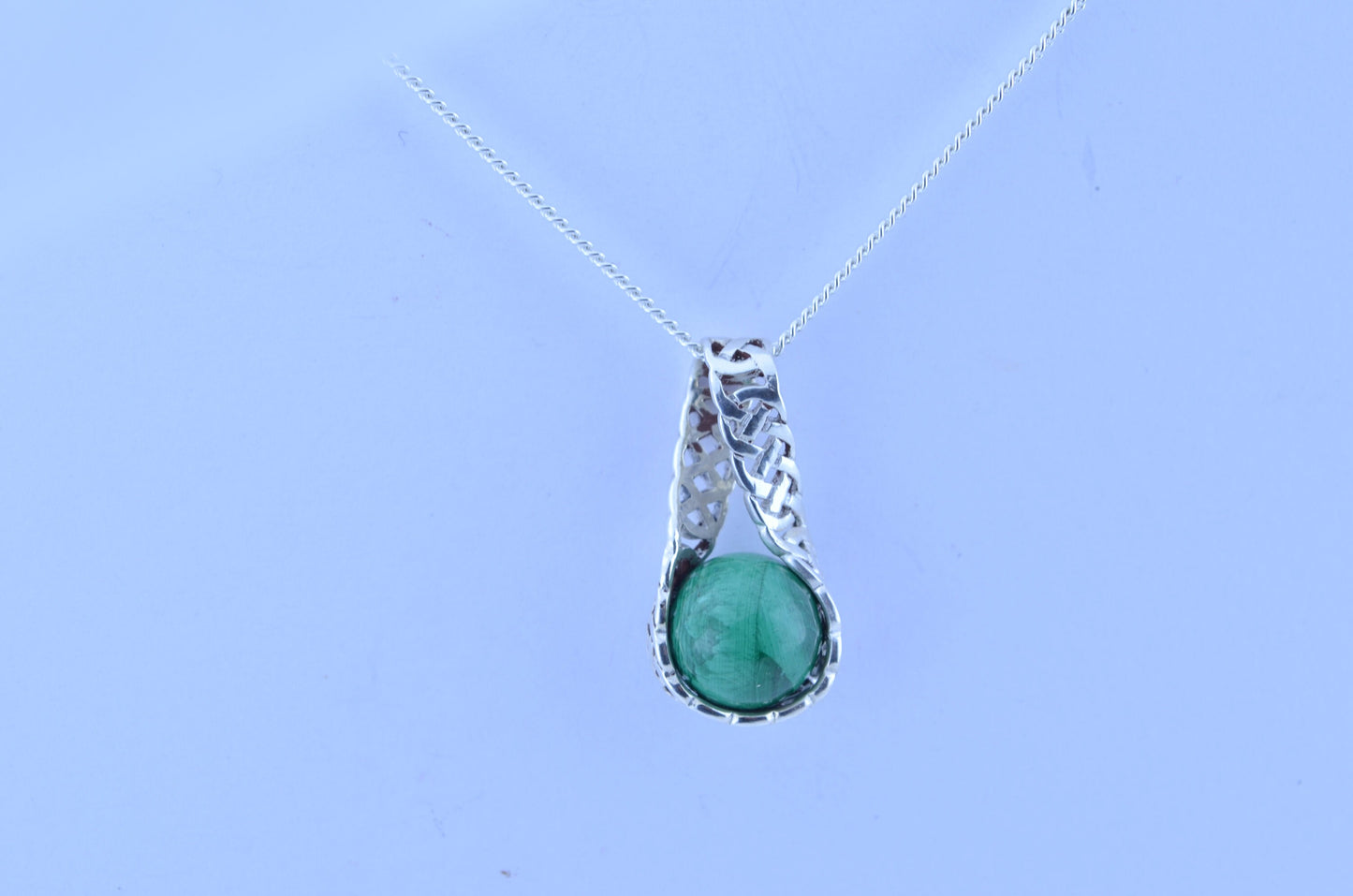 malachite silver pendant and solid sterling silver chain necklace, bell shape green natural gemstone