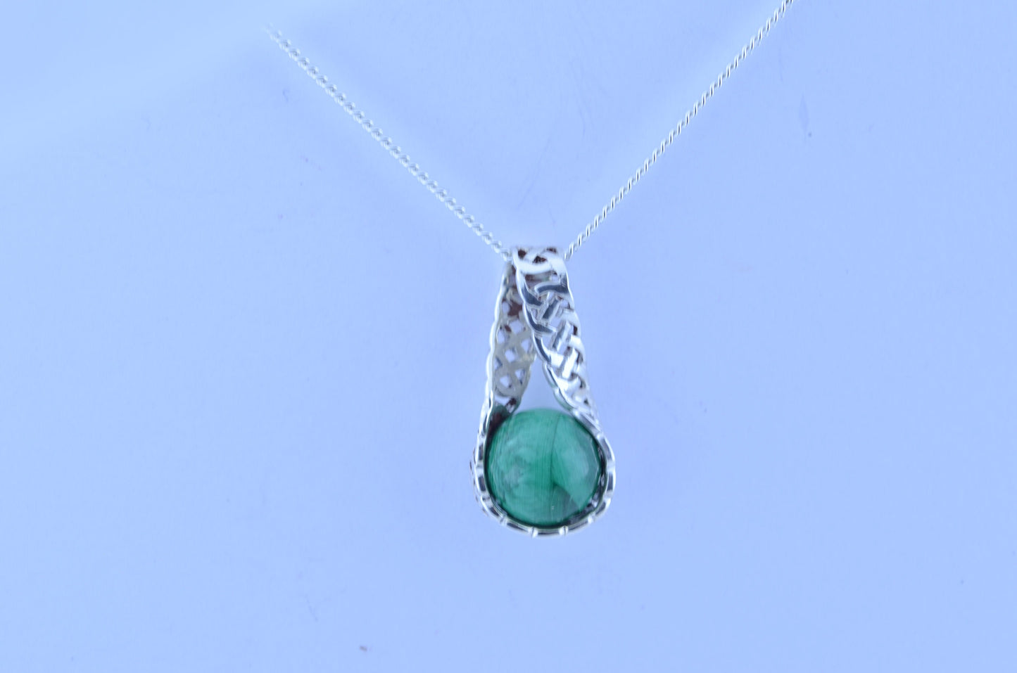 malachite silver pendant and solid sterling silver chain necklace, bell shape green natural gemstone