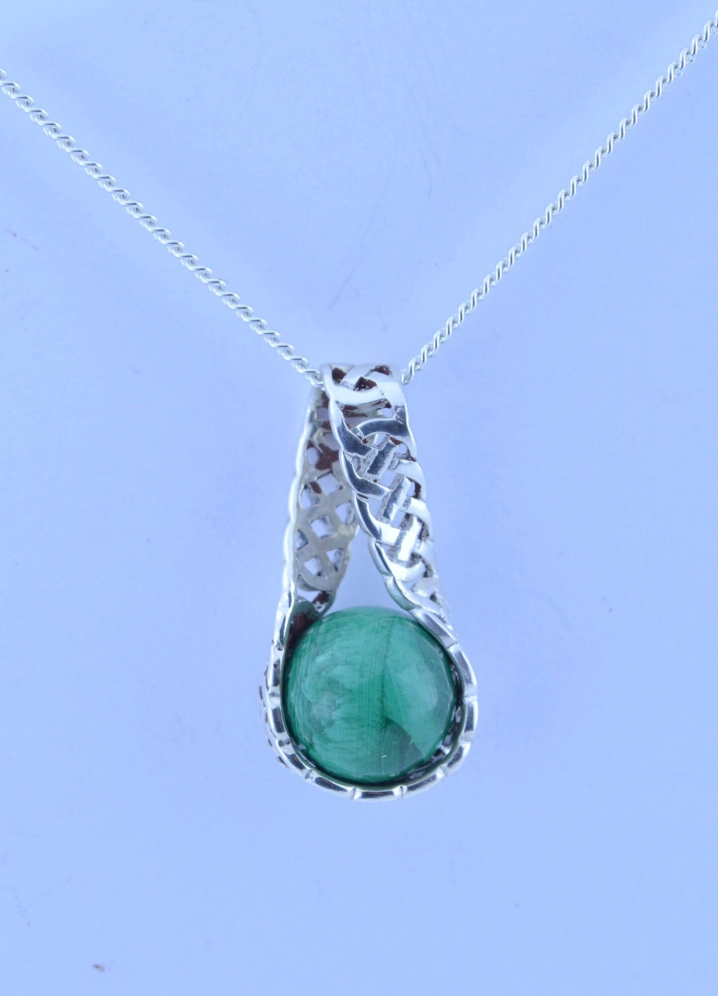 malachite silver pendant and solid sterling silver chain necklace, bell shape green natural gemstone