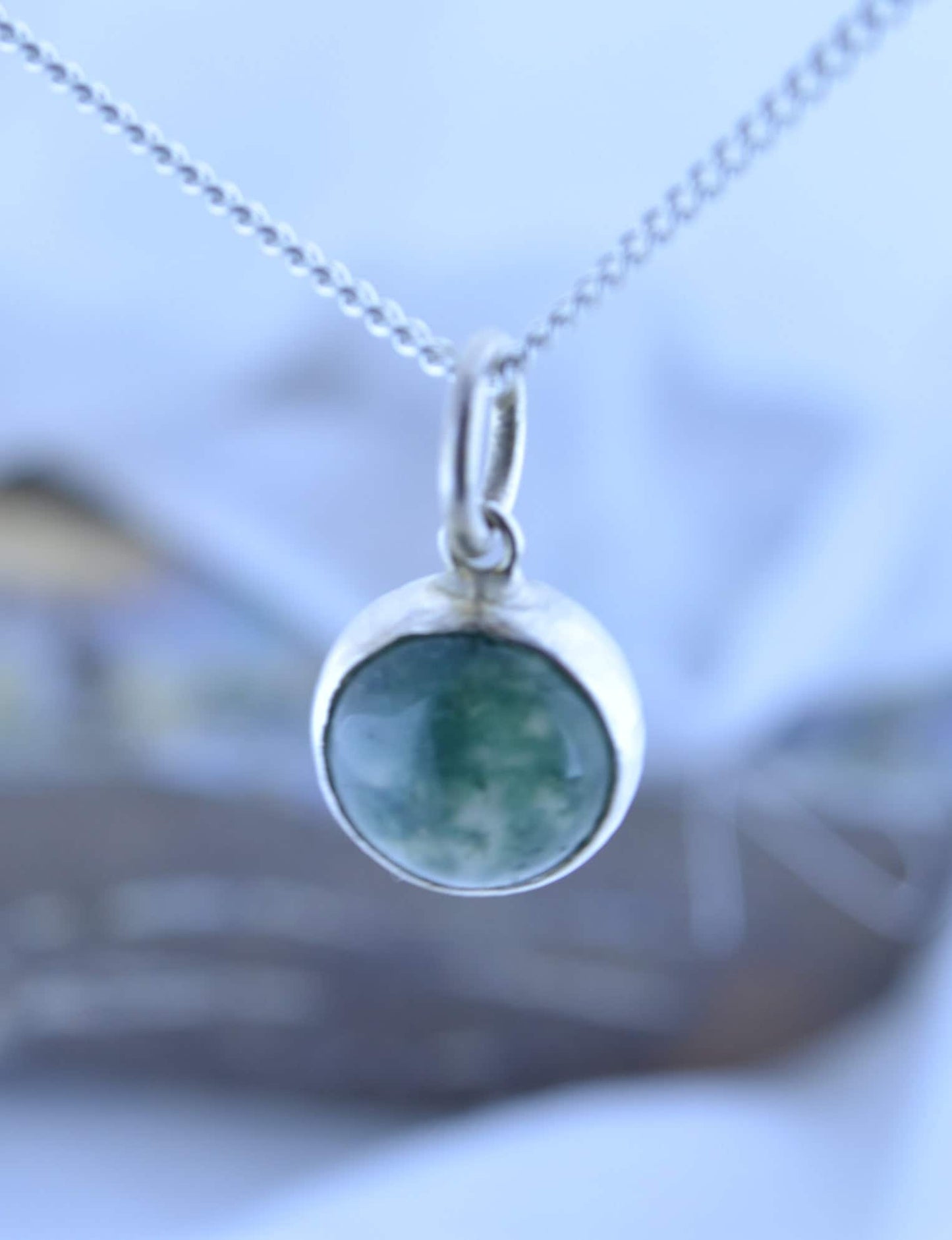 silver necklace green moss agate pendant, round shape natural gemstone, 18” chain