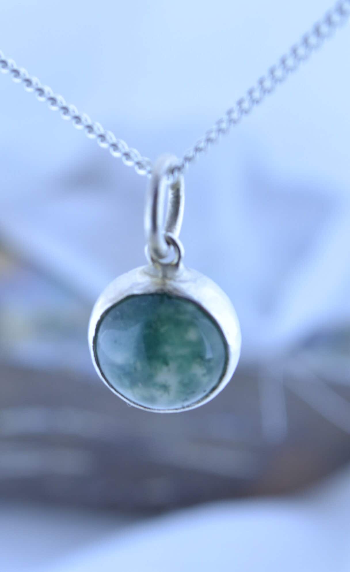 silver necklace green moss agate pendant, round shape natural gemstone, 18” chain