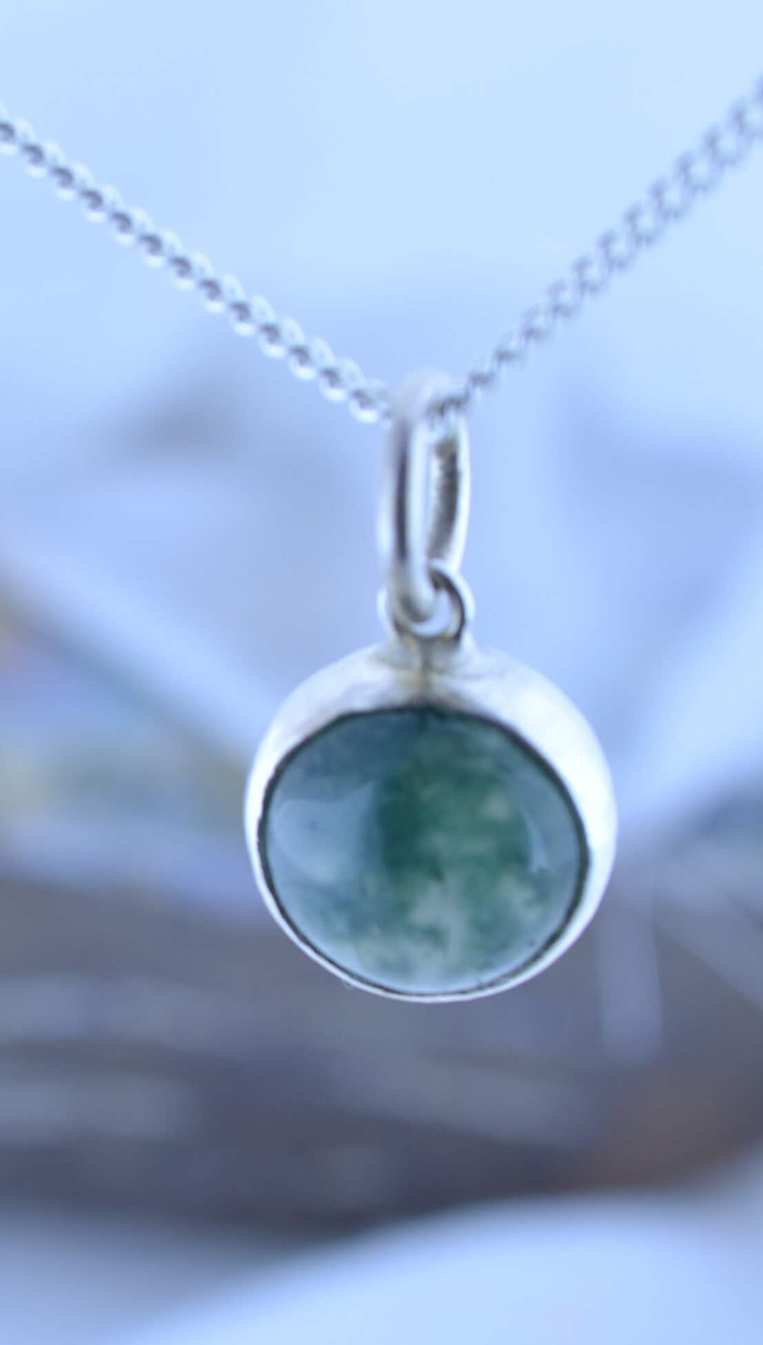 silver necklace green moss agate pendant, round shape natural gemstone, 18” chain