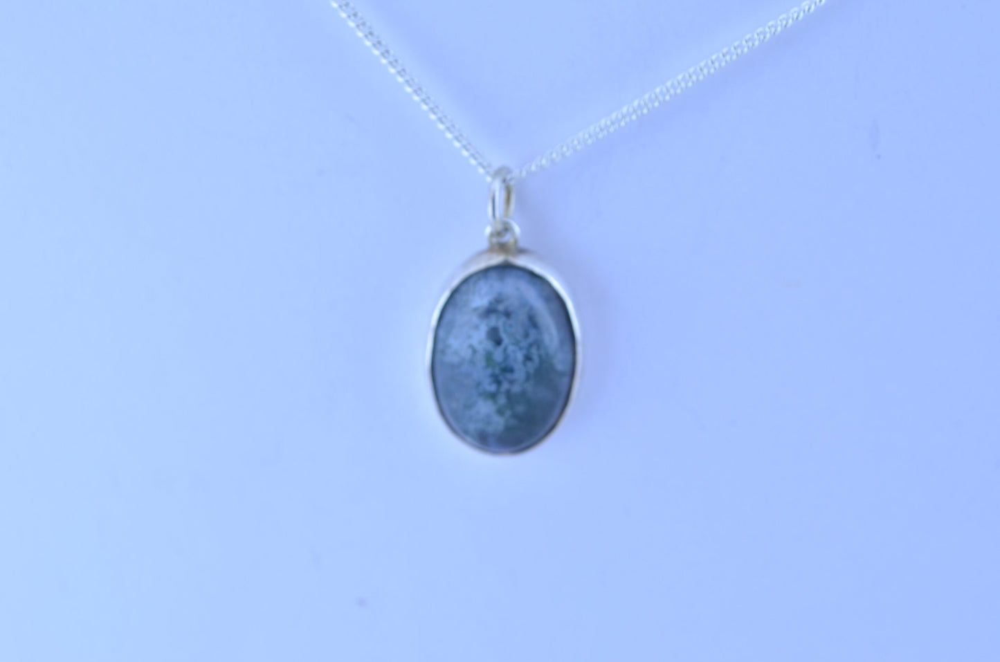 silver green moss agate pendant, oval shape natural gemstone, 18” chain