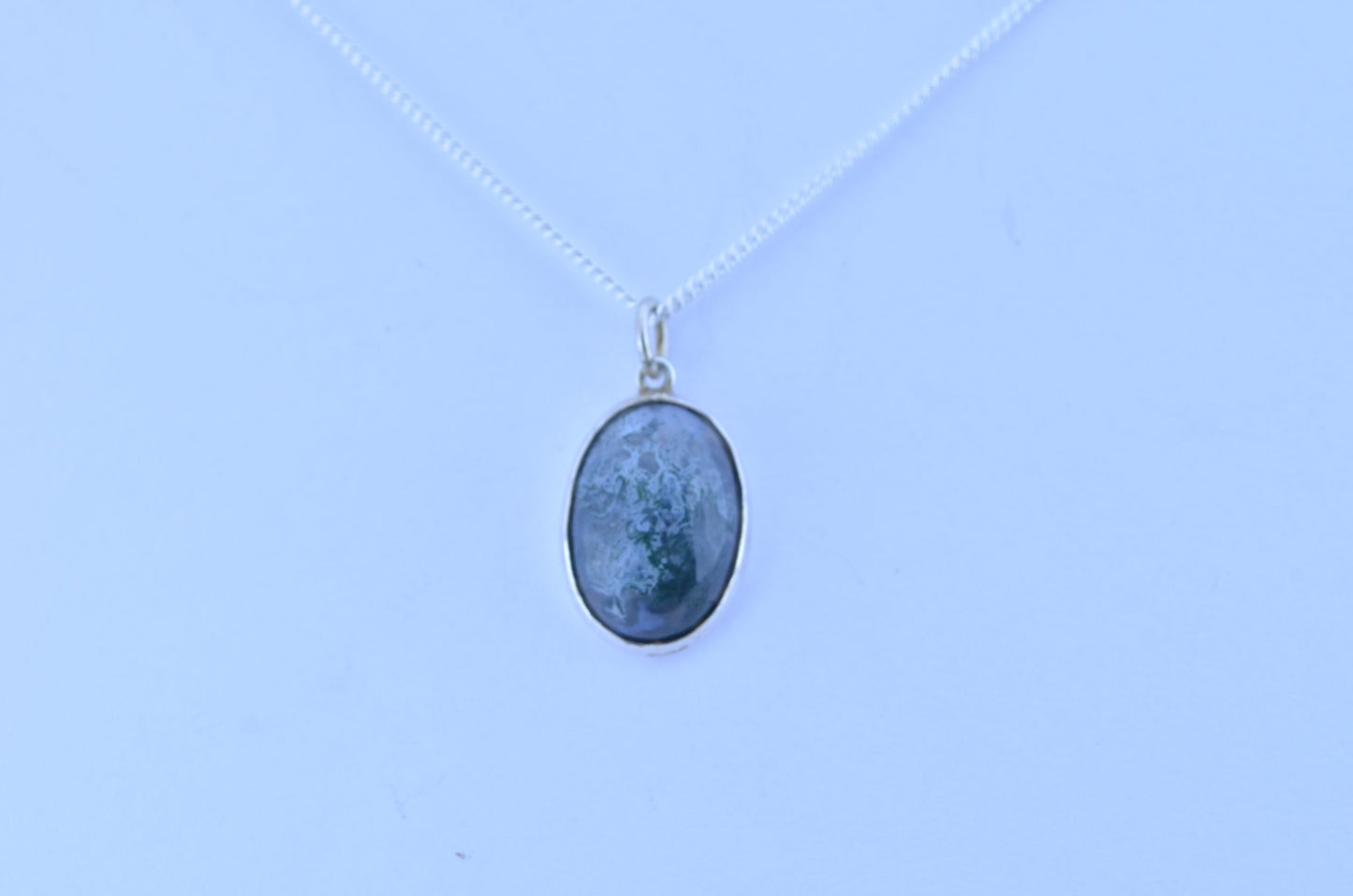 silver green moss agate pendant, oval shape natural gemstone, 18” chain