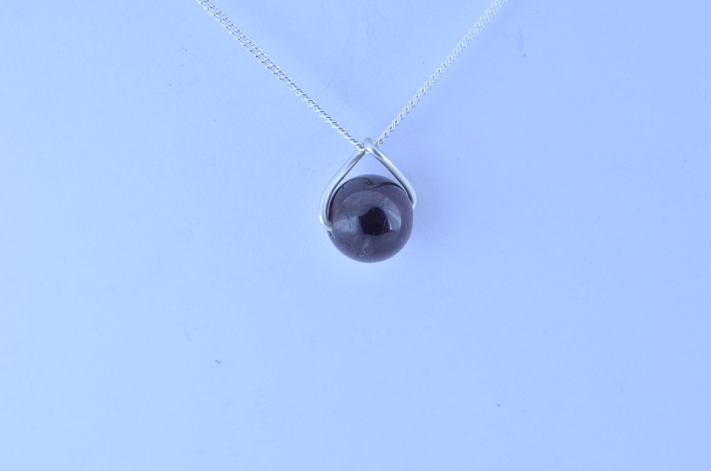 silver garnet necklace, twisted shape pendant, 18” chain, bell red natural gemstone