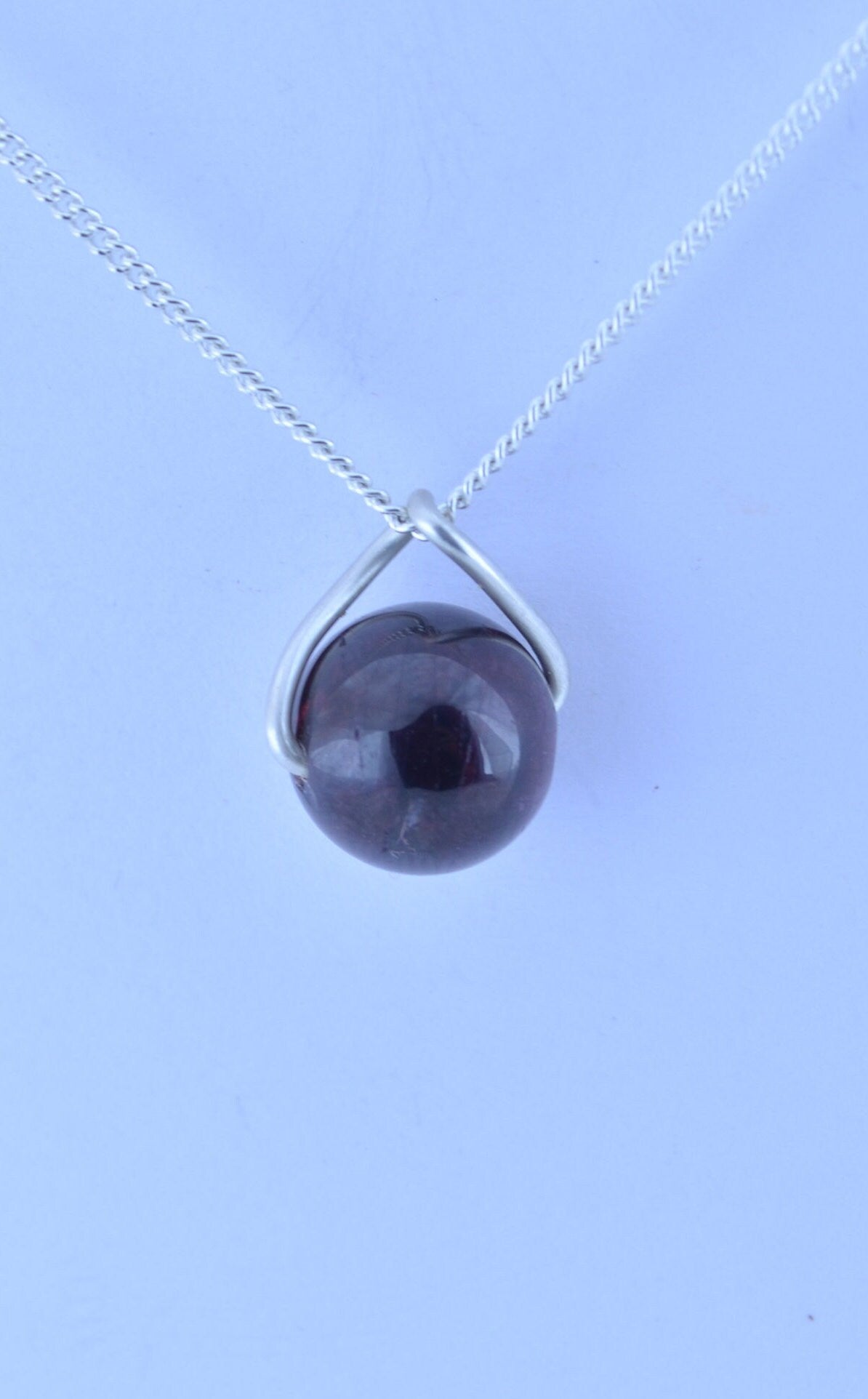 silver garnet necklace, twisted shape pendant, 18” chain, bell red natural gemstone