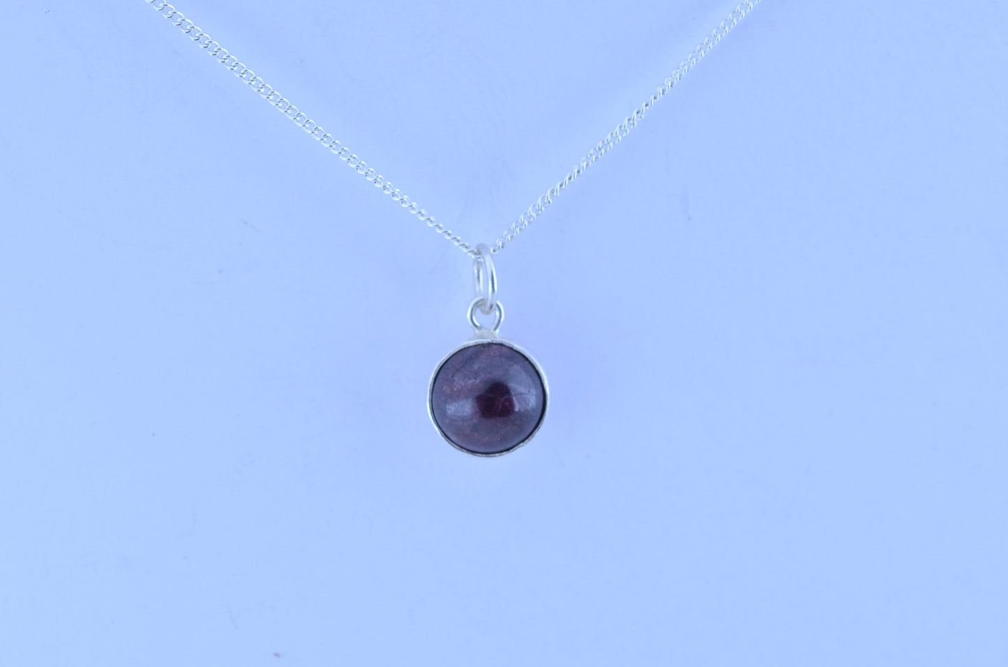 garnet necklace, bell shape silver pendant, 18” chain, red natural gemstone