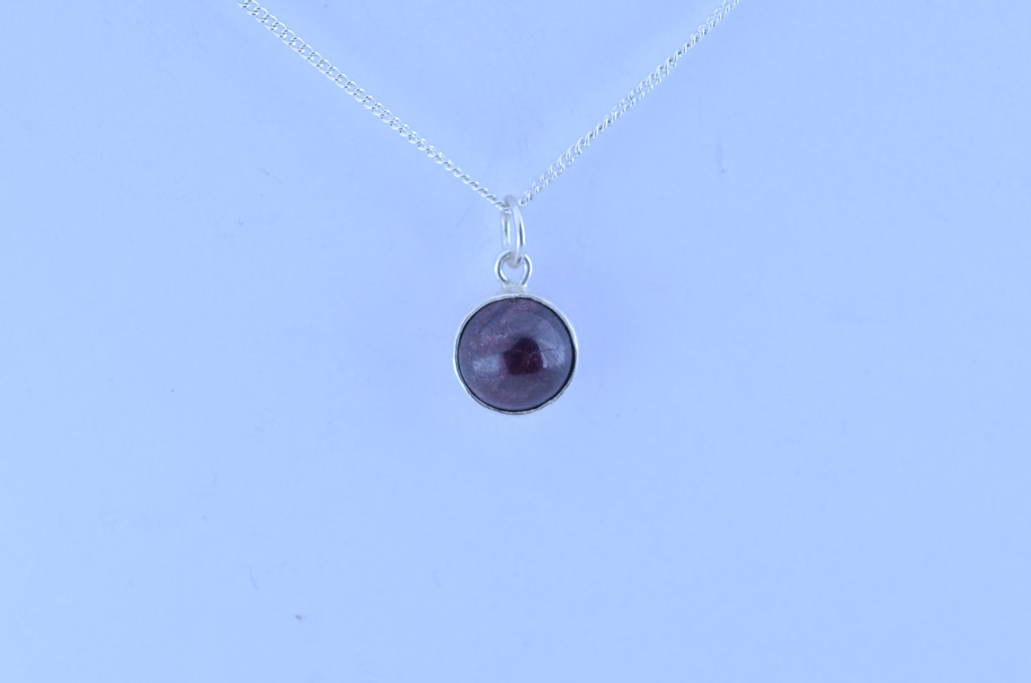 garnet necklace, bell shape silver pendant, 18” chain, red natural gemstone