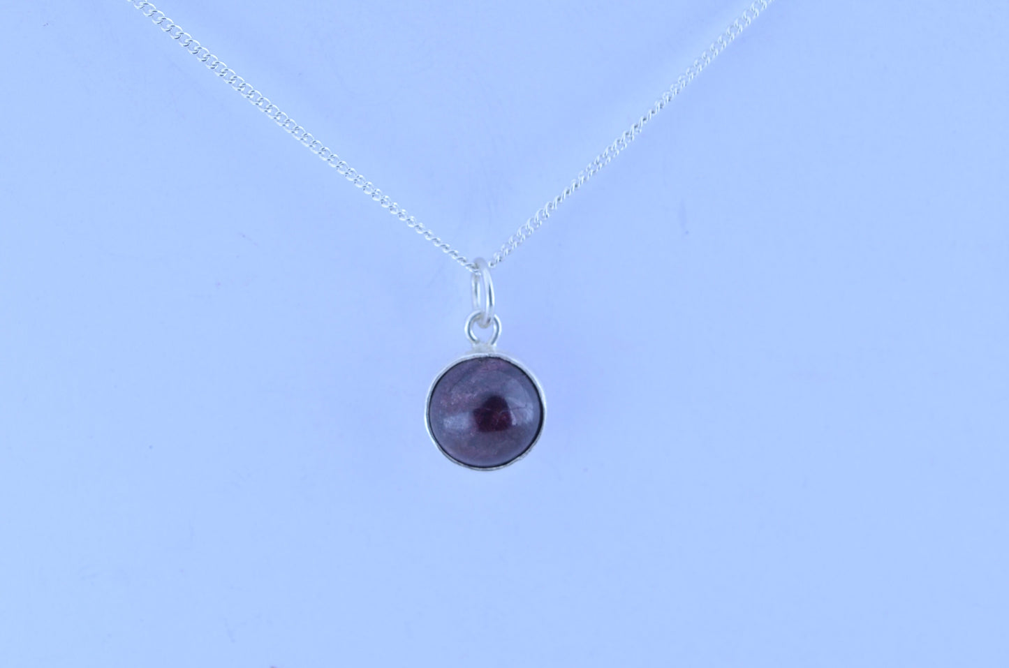 garnet necklace, bell shape silver pendant, 18” chain, red natural gemstone