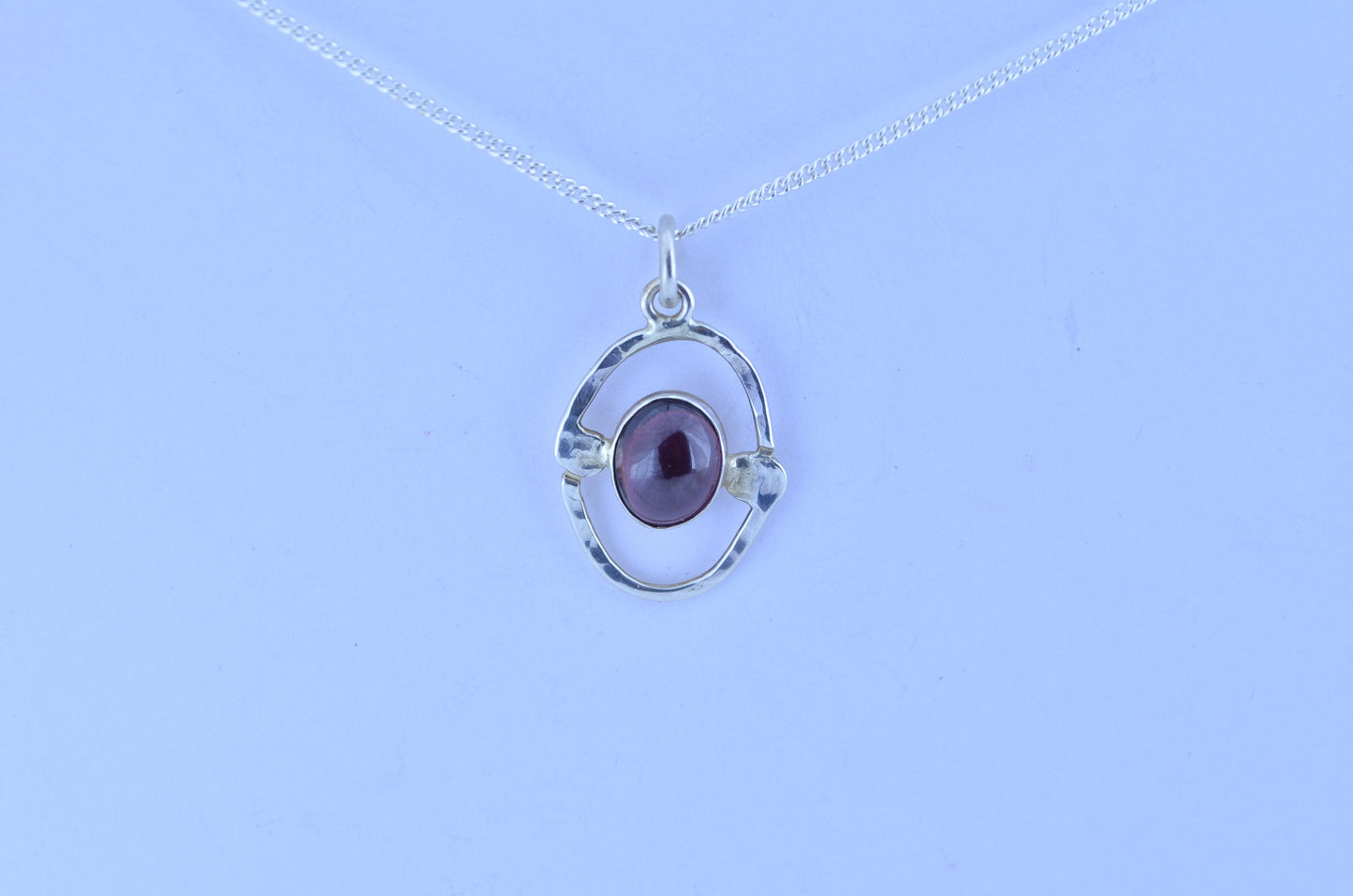 garnet pendant, oval shape silver pendant, 18” chain, red natural gemstone