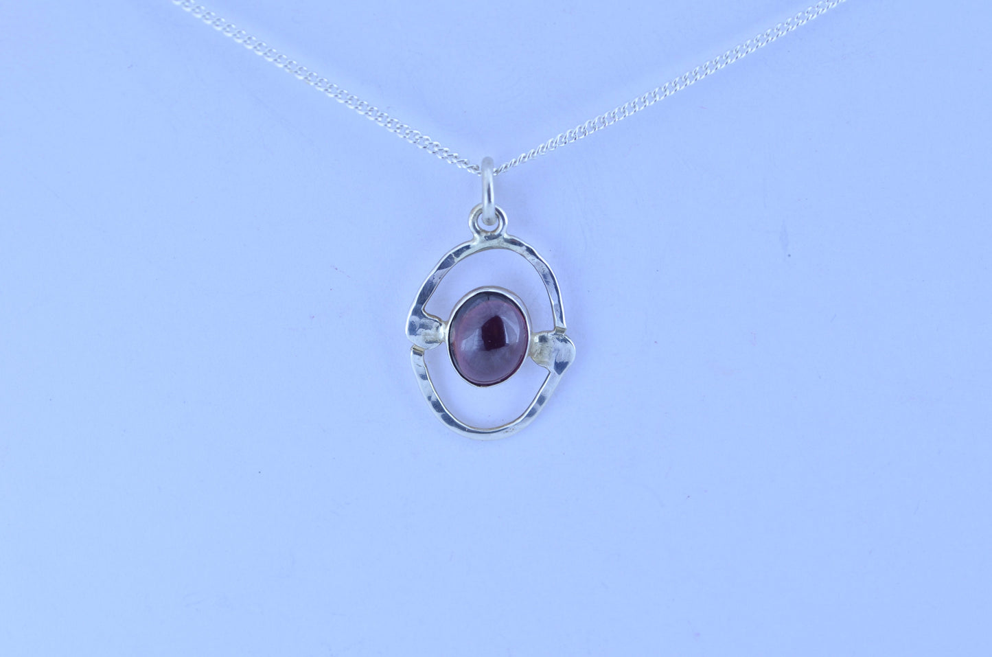 garnet pendant, oval shape silver pendant, 18” chain, red natural gemstone