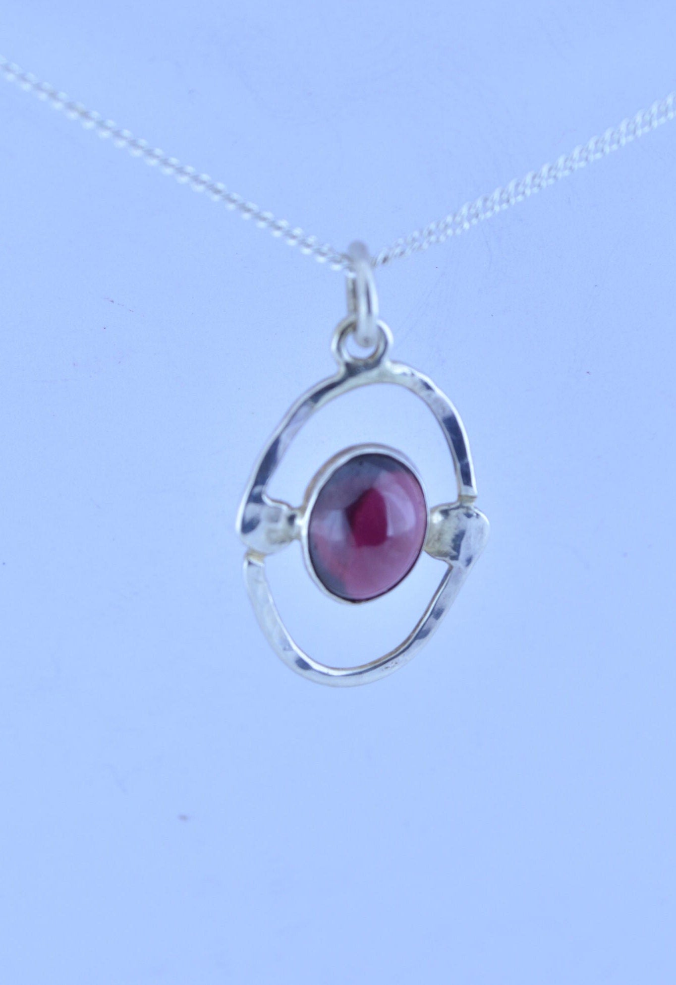 garnet pendant, oval shape silver pendant, 18” chain, red natural gemstone