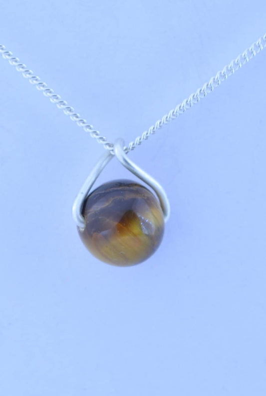 tiger’s eye necklace, round natural brown gemstone pendant, 18”  solid sterling silver chain