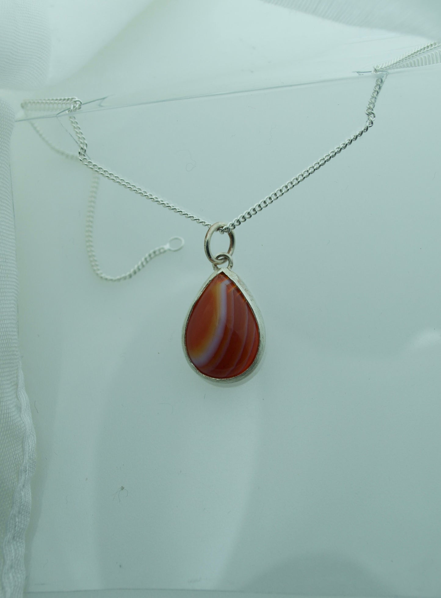 silver necklace, red agate pendant, natural materials, 18” chain