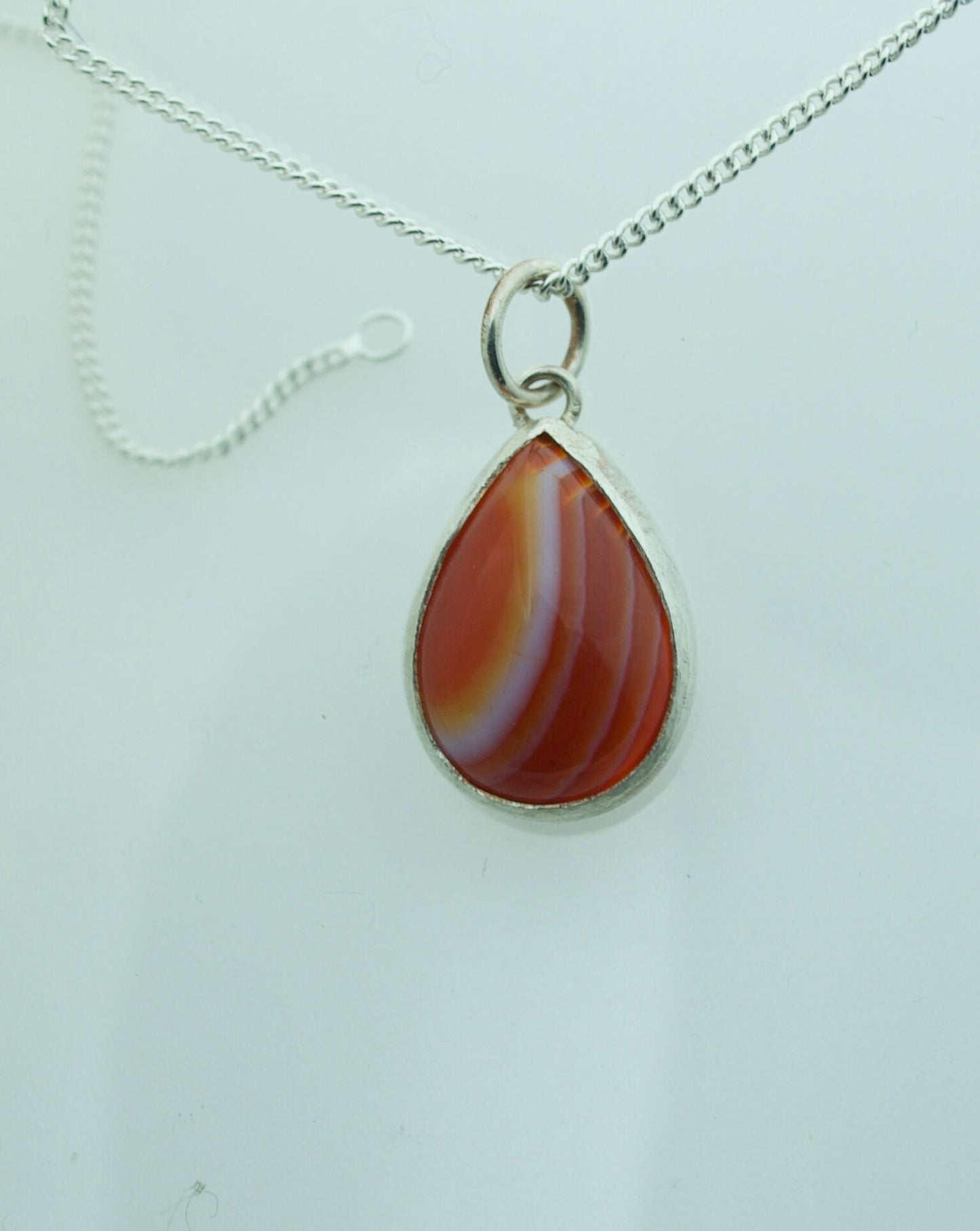 silver necklace, red agate pendant, natural materials, 18” chain