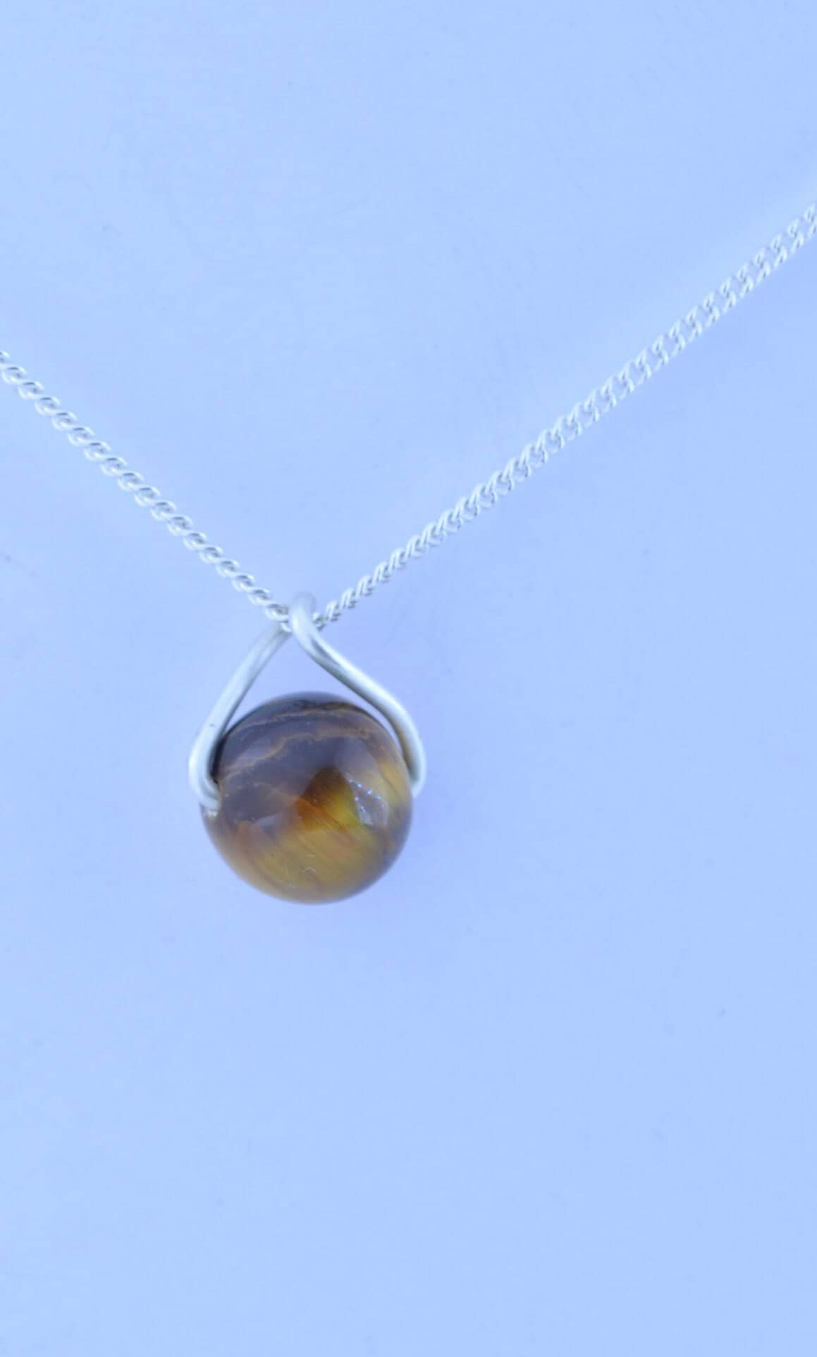 tiger’s eye necklace, round natural brown gemstone pendant, 18”  solid sterling silver chain