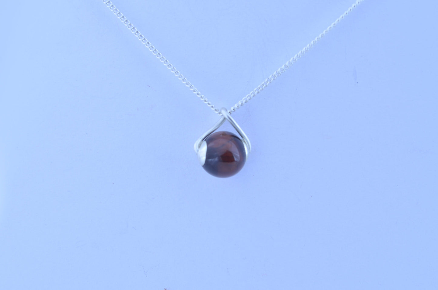 tiger’s eye silver necklace, round natural brown gemstone pendant, 18” chain