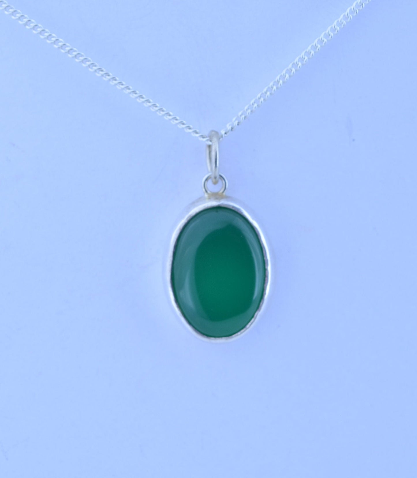 green onyx pendant, silver necklace, oval shape natural gemstone, 18” chain