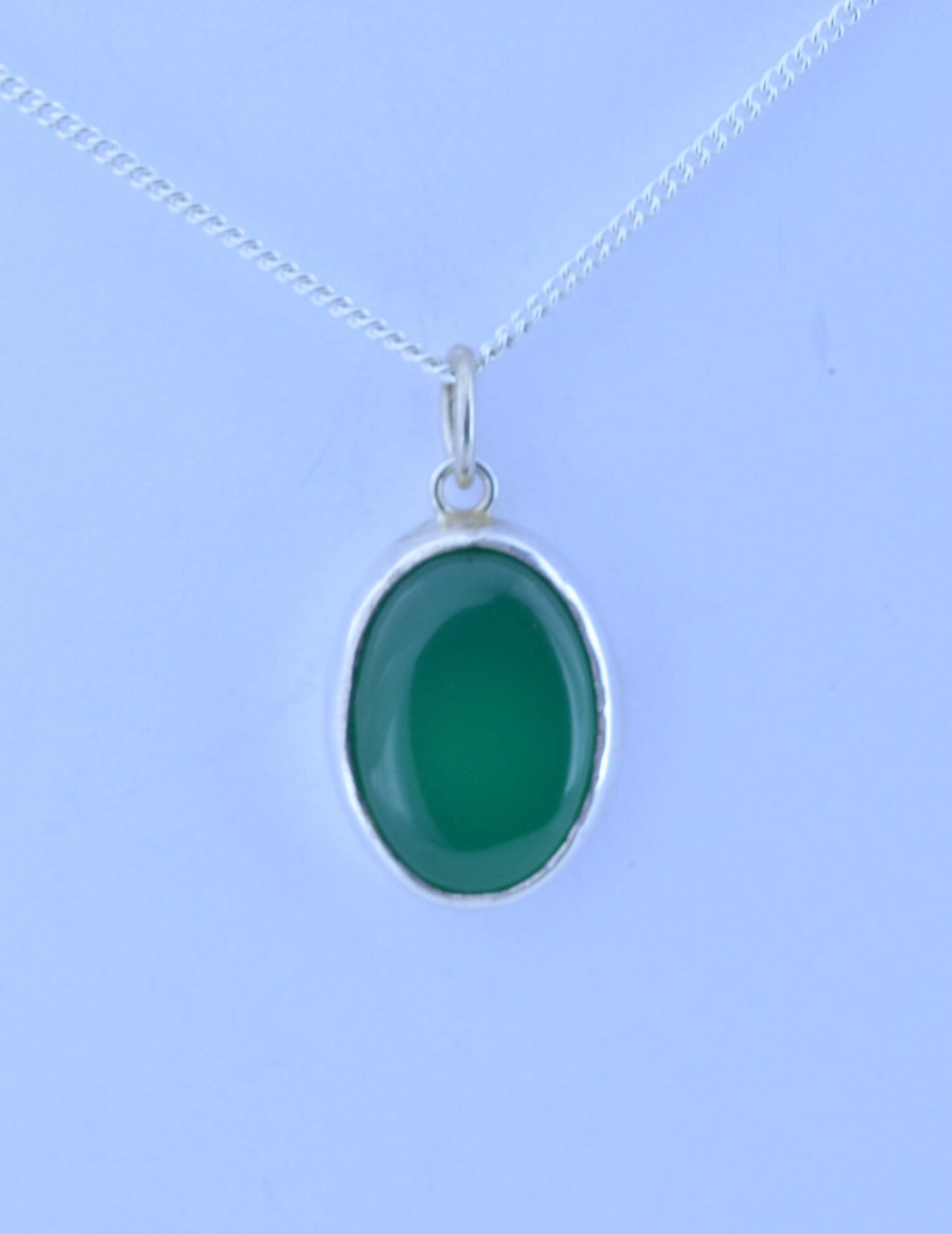 green onyx pendant, silver necklace, oval shape natural gemstone, 18” chain