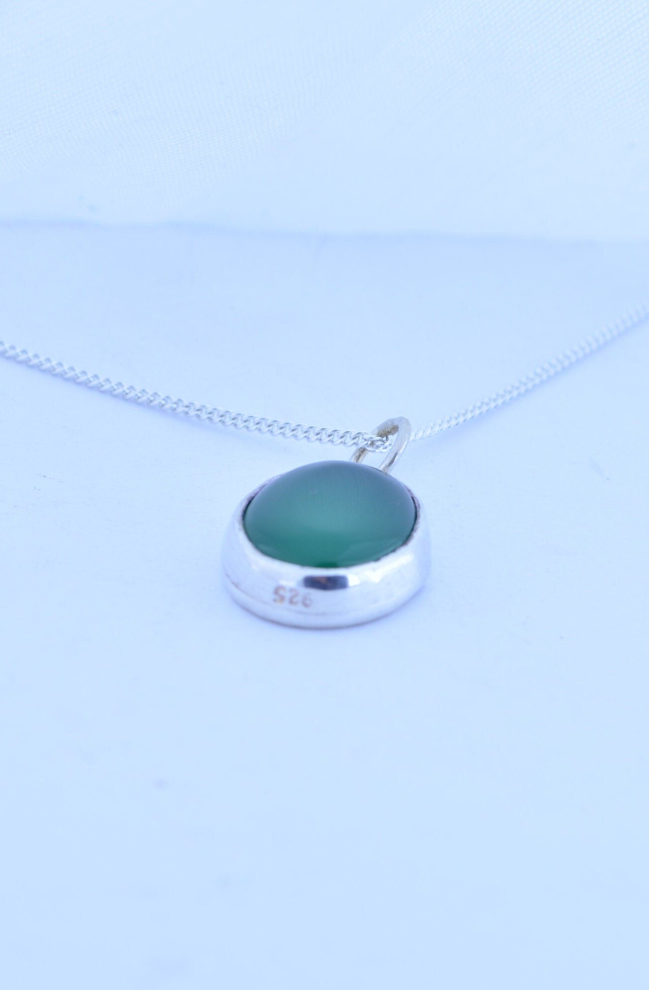 green onyx pendant, silver necklace, oval shape natural gemstone, 18” chain